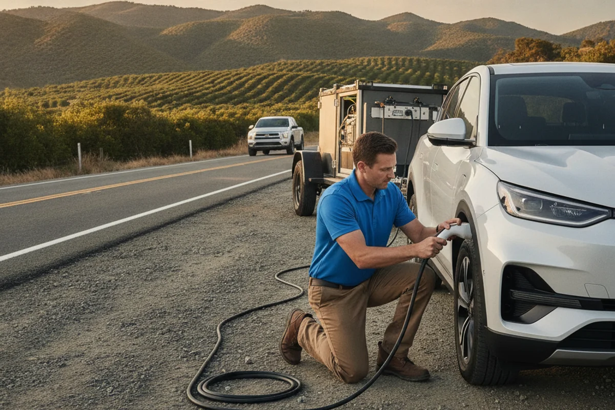 Technician connecting a portable charging cable to an electric SUV on a rural two-lane shoulder