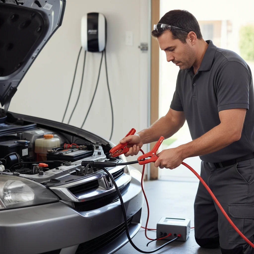 Jumper cables lying on asphalt between a compact EV and a work truck