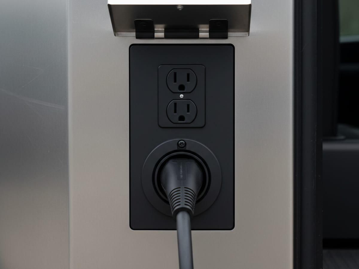 A 240-volt outlet built into a pickup bed wall with a charging cable plugged in