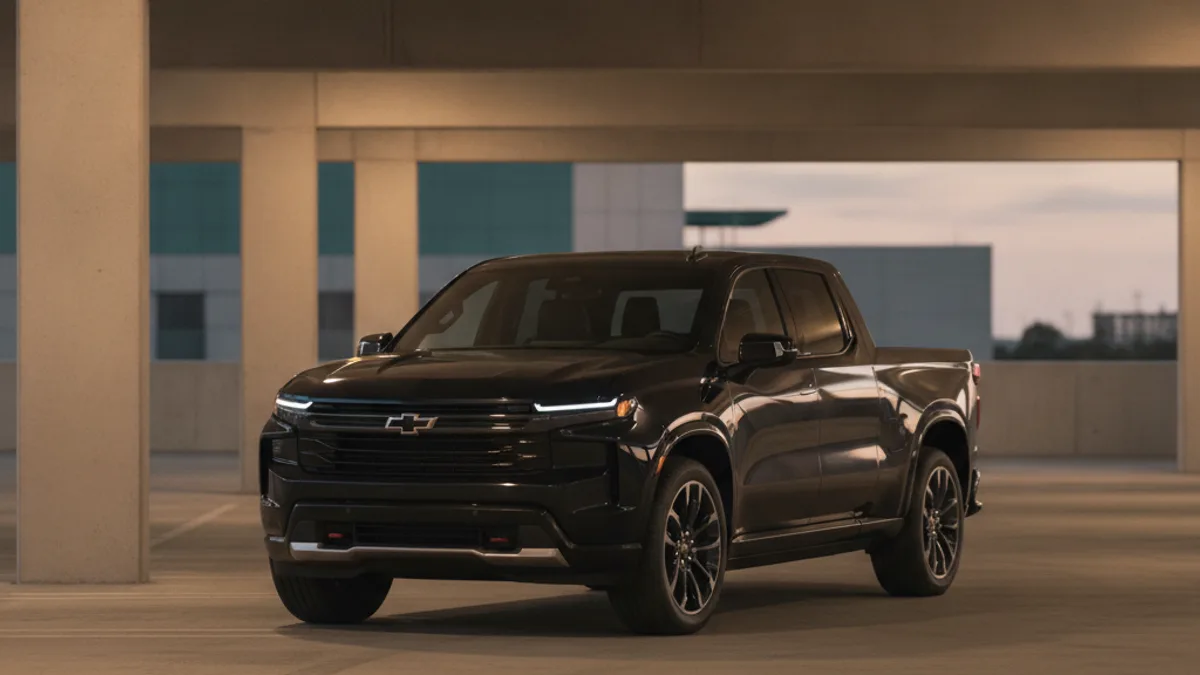 A Chevy Silverado EV work truck parked in a warehouse lot at dusk with a dark, unlit dashboard.