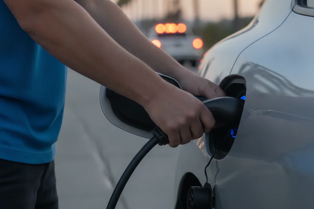 Hands seating a charging connector into an illuminated EV charge port at dusk