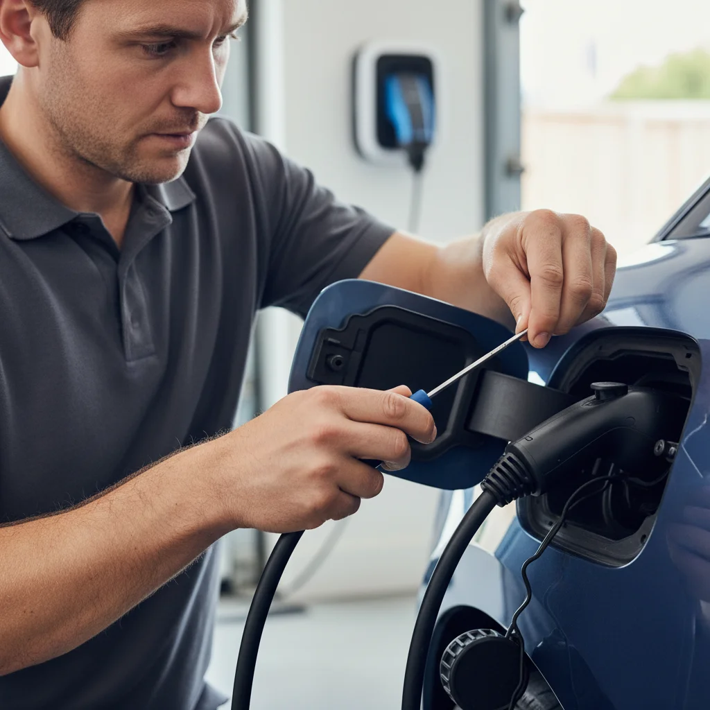 Close view of an open EV charge port in bright Southern California sun, latch visible