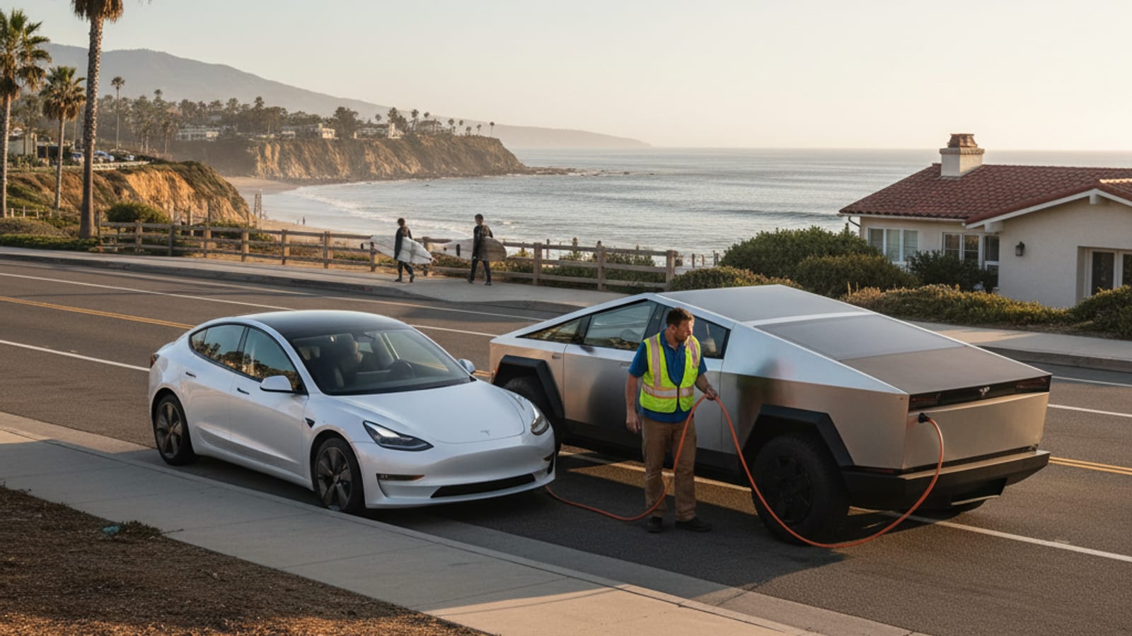 A two-lane highway with an electric car parked on the shoulder under a bright sky