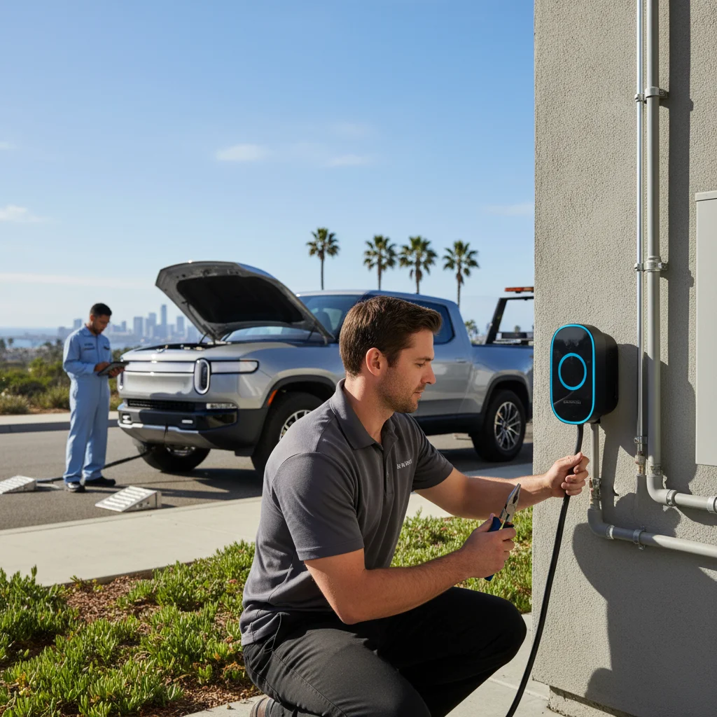 Blue electric pickup on a dry inland shoulder with a mobile charging cable hooked up