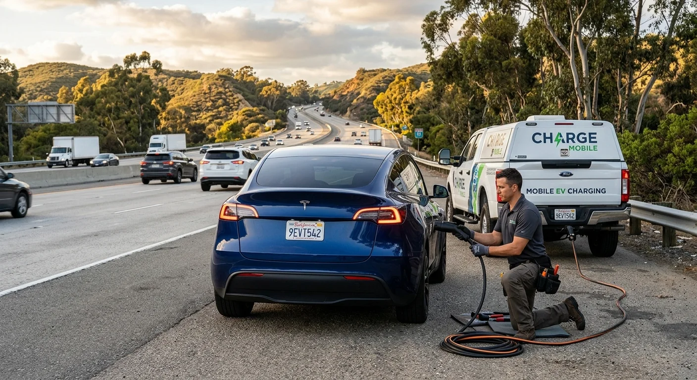 Silver EV on a freeway shoulder with eucalyptus, dry brush, and a metal guardrail