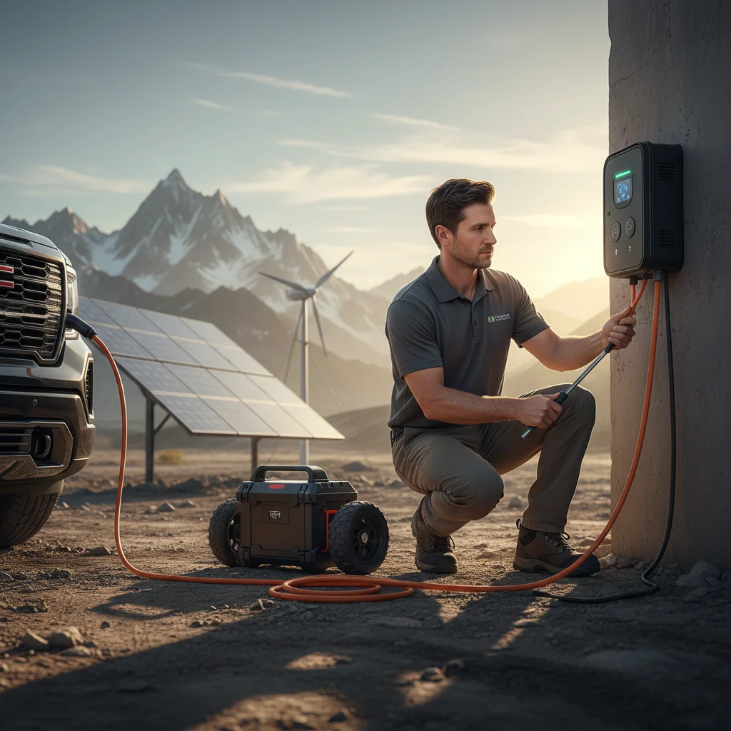 A technician connecting a portable charger to a stalled electric work van on a sunny street