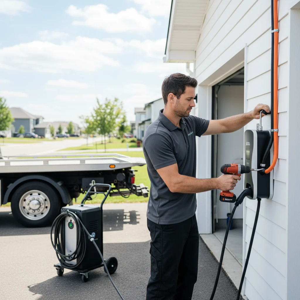 Phone showing a rideshare roadside app next to a mobile charging truck plugged into an EV on a sunny inland shoulder