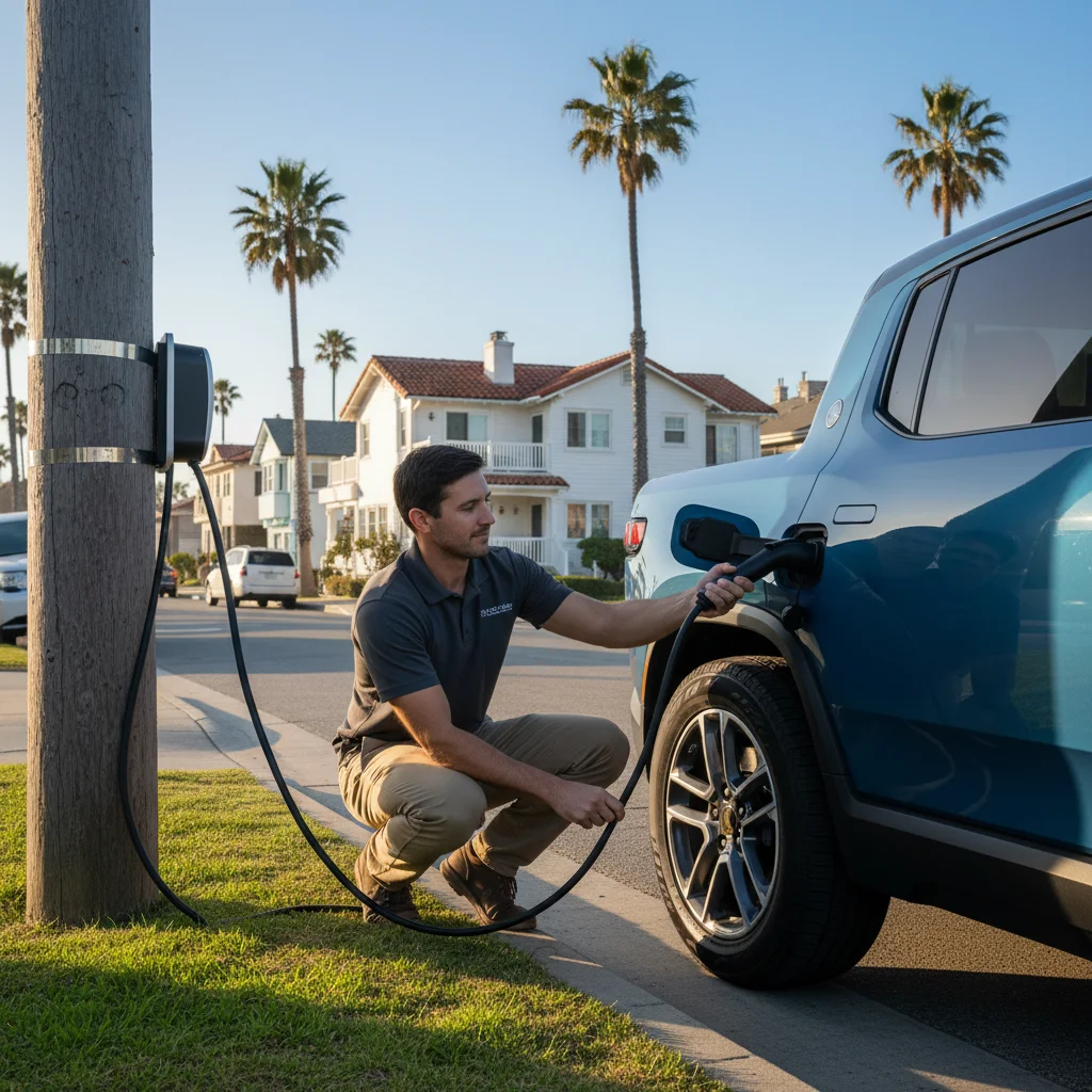 Technician connecting a CCS plug to a dark SUV on a tree-lined residential street