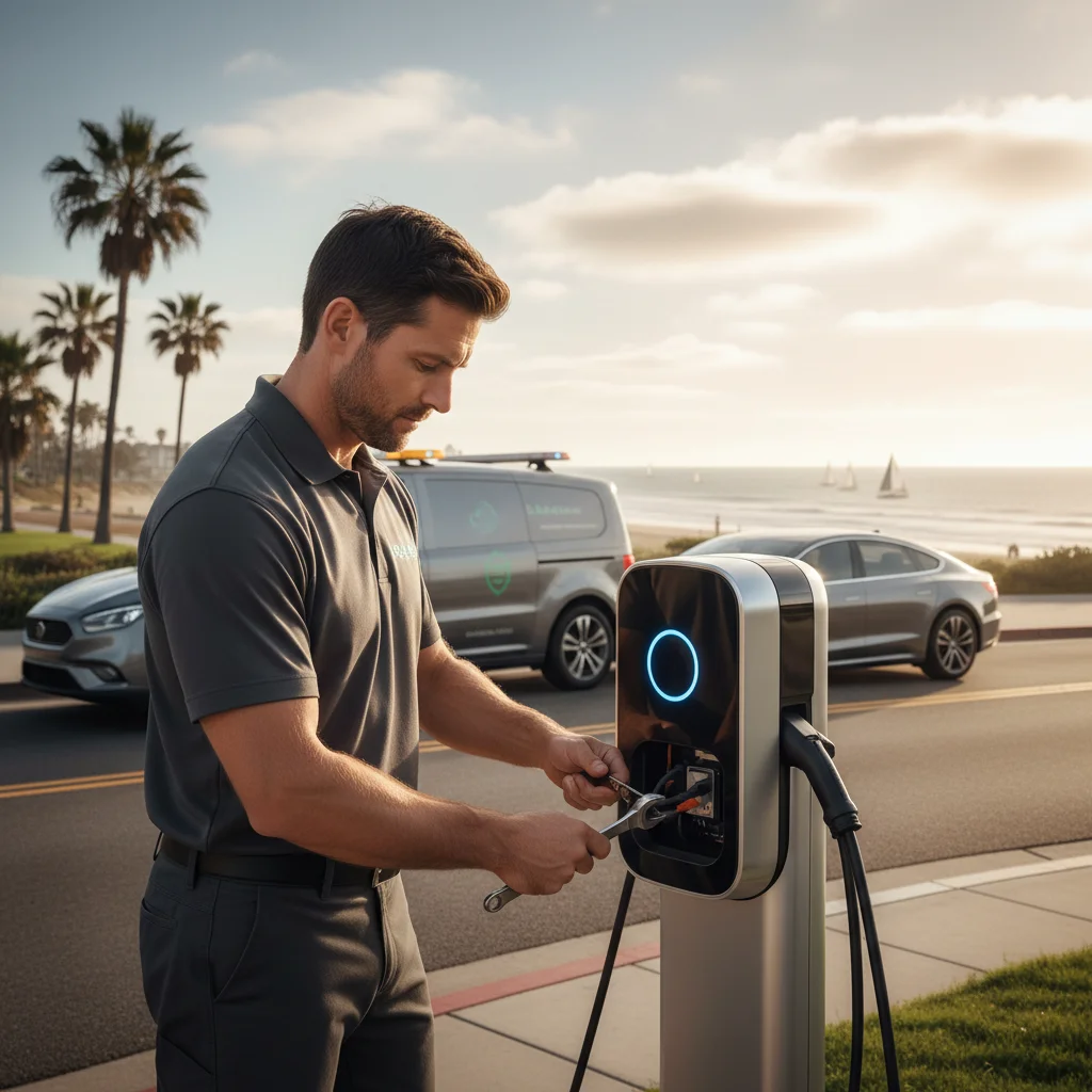 An electric car parked along a sunny Southern California commercial street with a rescue van nearby