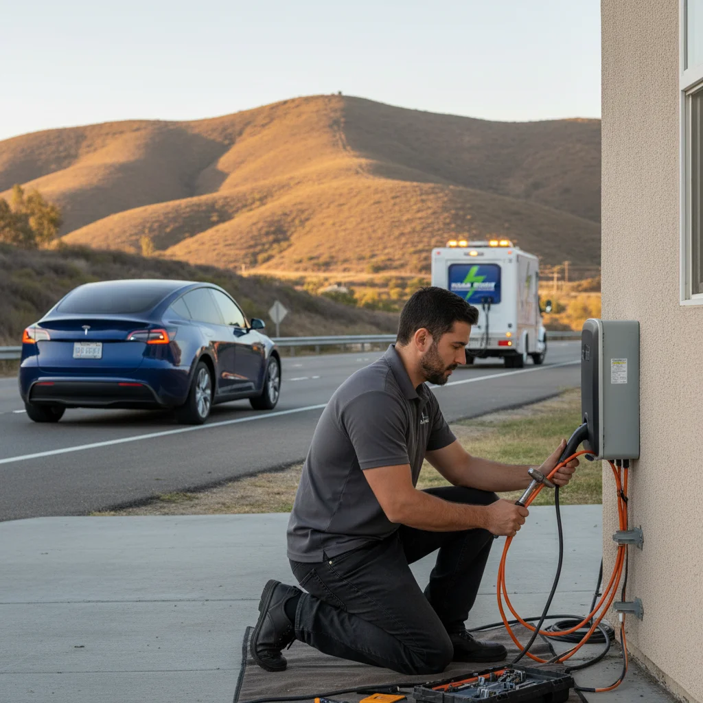 An electric car in a suburban driveway at dusk beside a dark wall charger