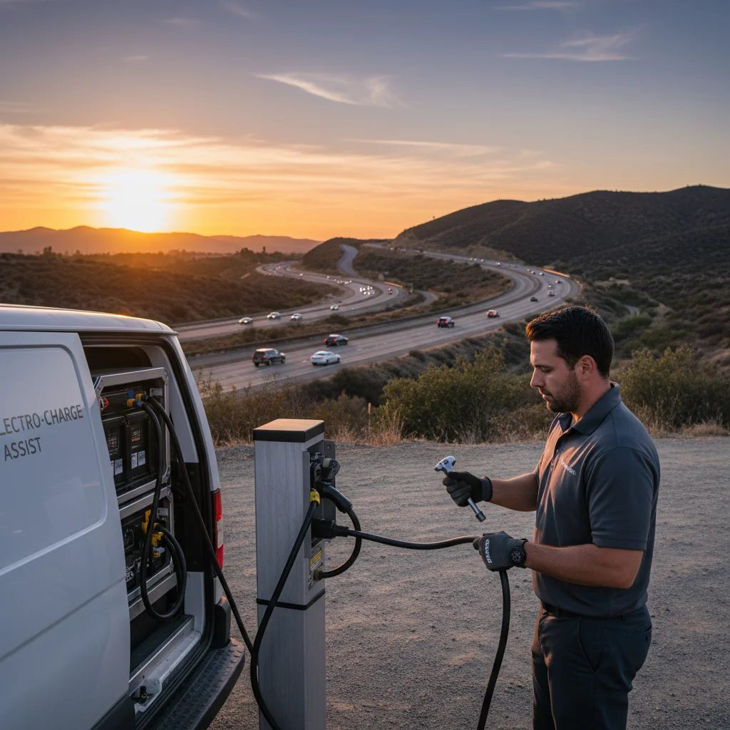An electric car stopped on a freeway shoulder with dry inland hills behind it as a rescue truck approaches