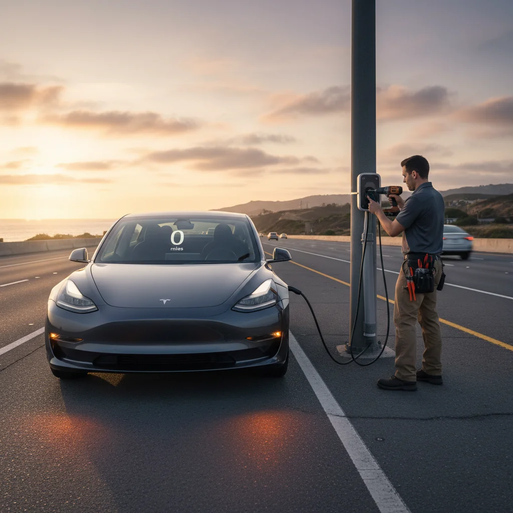 A Tesla on a mountain highway shoulder with hazard lights on and a low-range display in late-day sun