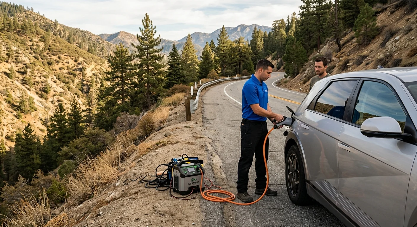 Stranded crossover EV on a two-lane mountain road above Wrightwood