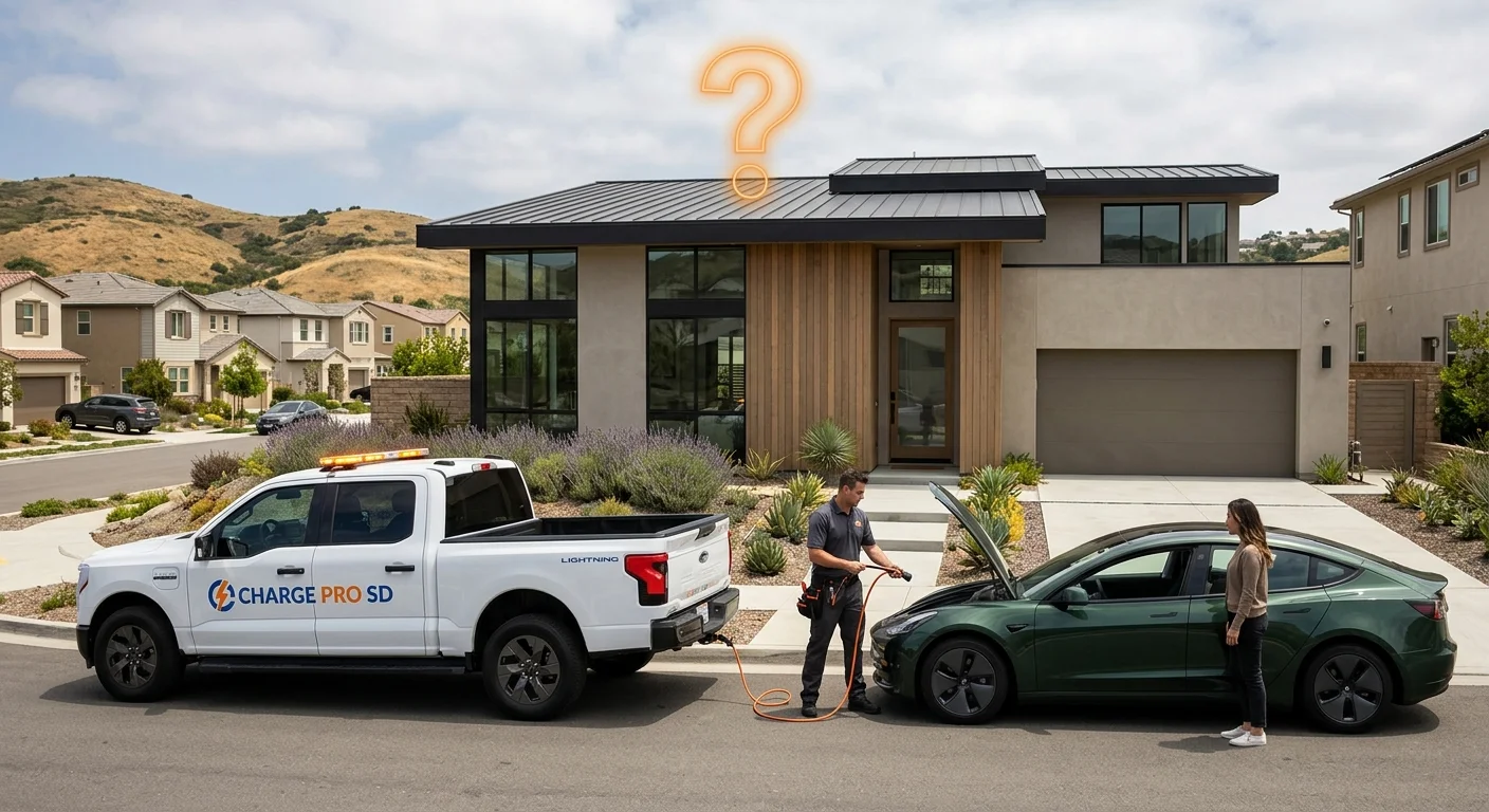 Suburban house with a question-mark graphic over the roof, beside a stranded EV getting a mobile charge at the curb