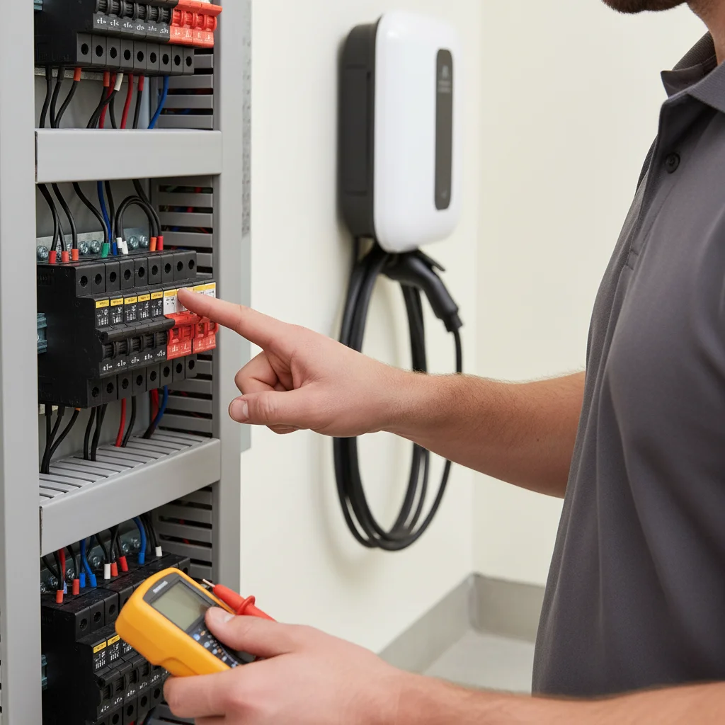 A hand checking a tripped breaker inside a residential electrical panel