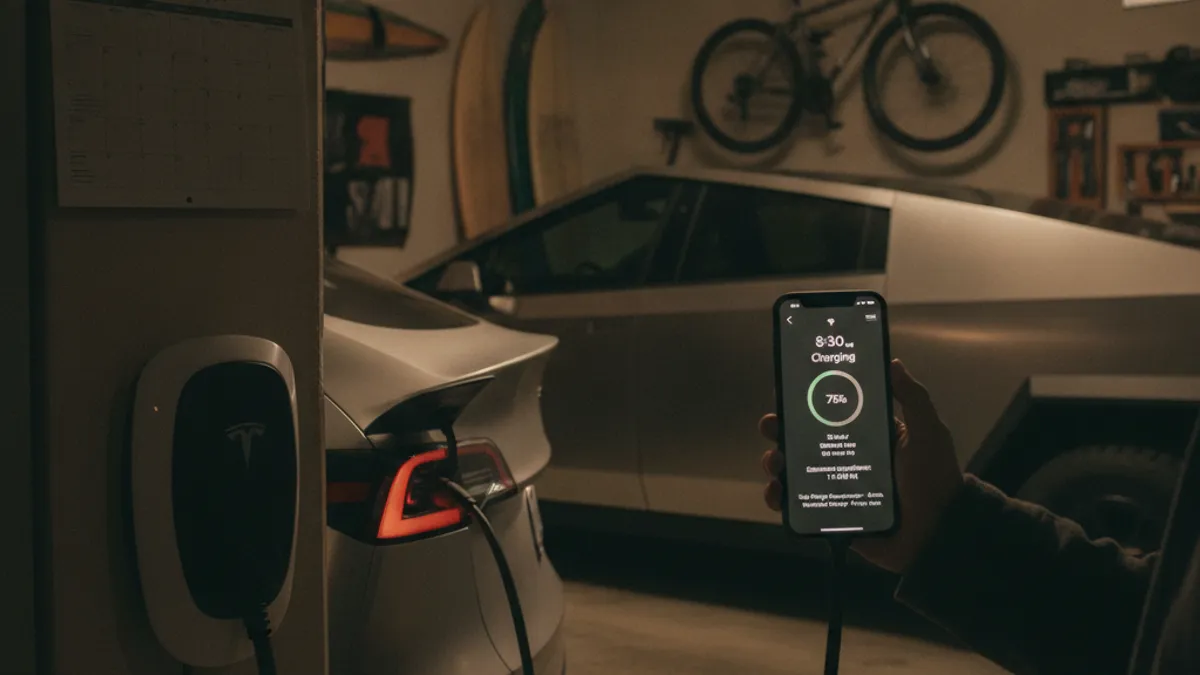 A Tesla plugged into a home Level 2 wall charger in a garage at night, with a phone showing the charging screen