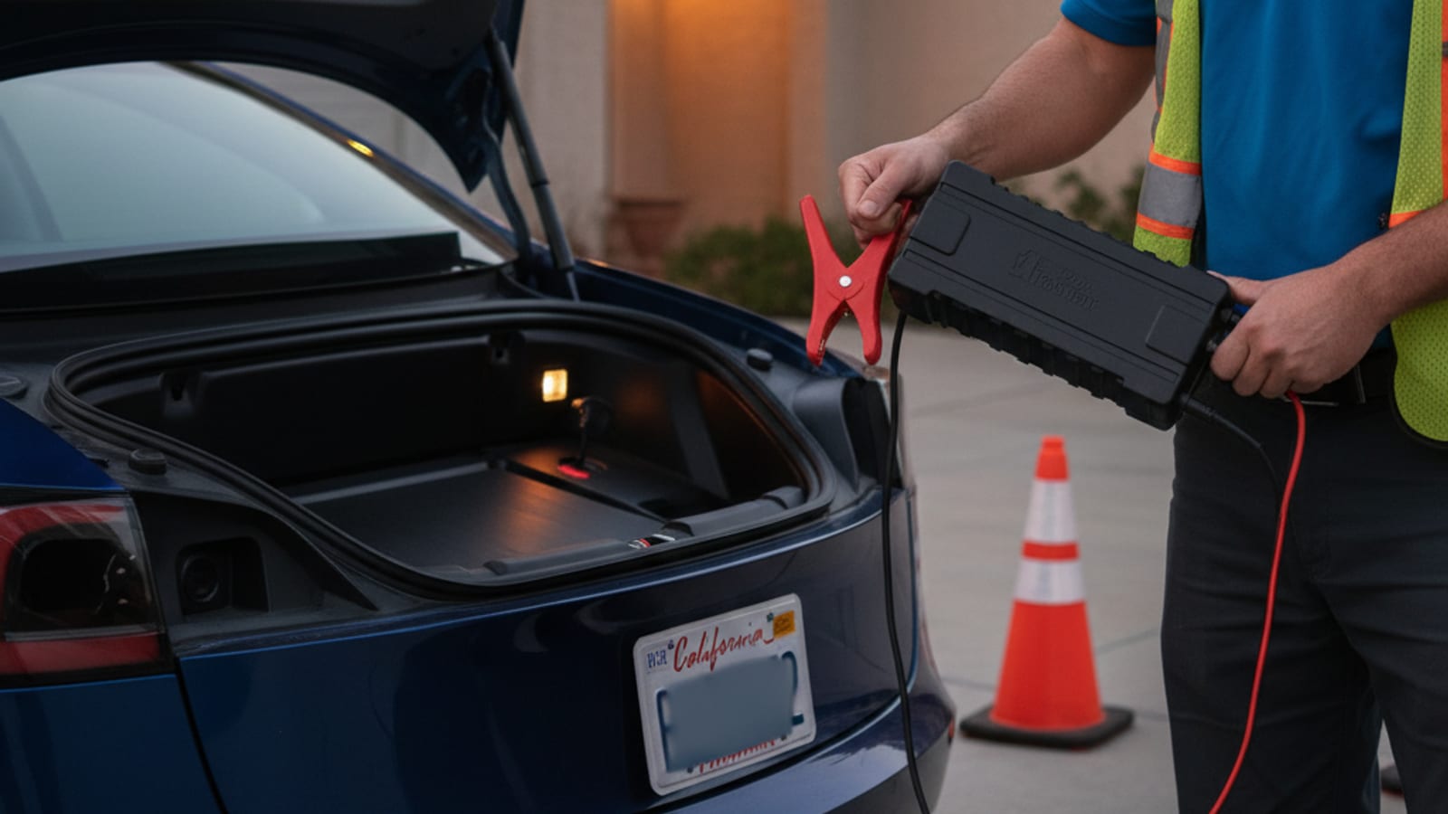 Electric car at a sunlit curb with a portable jump pack and leads by the front bumper