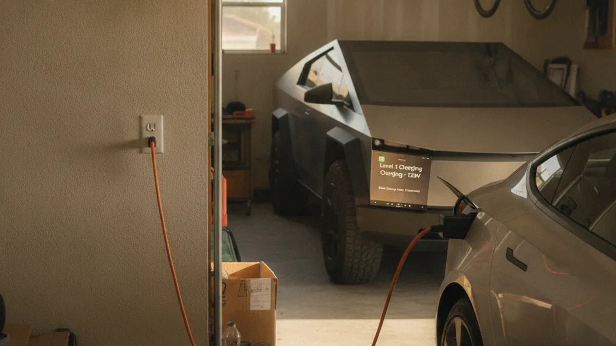 An EV charging cable plugged into a household wall outlet in a garage, with the dash showing a slow charge rate.