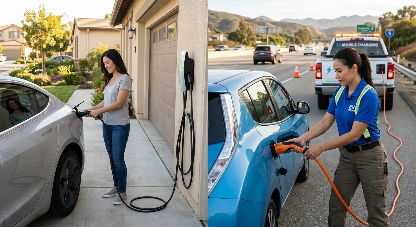 Split scene of an EV on a home wall charger and another EV stopped on a dry highway shoulder