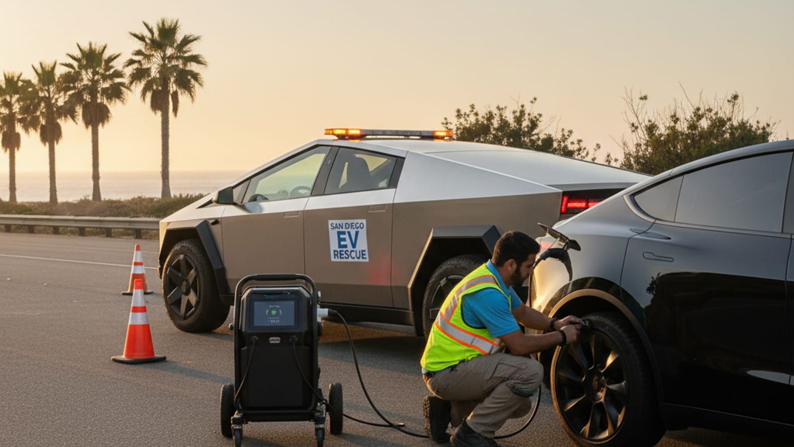 A charging cable held beside an electric car on a sunlit Southern California shoulder