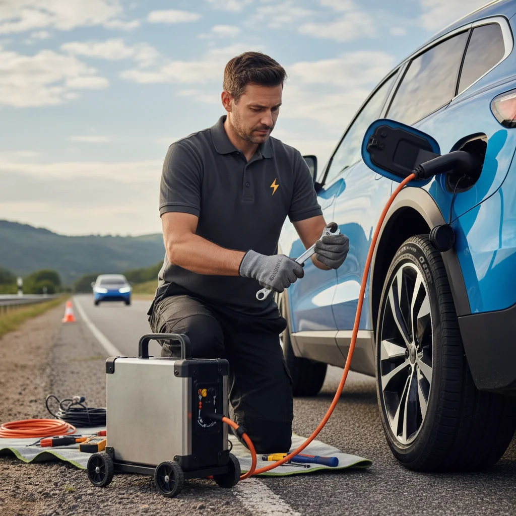 An operator connecting a 240-volt lead to an EV charge port on a roadside shoulder