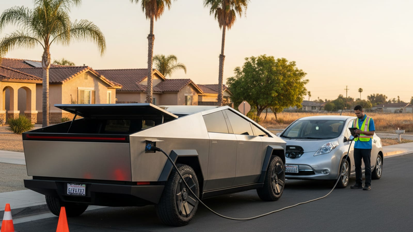 Late-day sun on a warehouse loading dock with an electric car parked in the lot