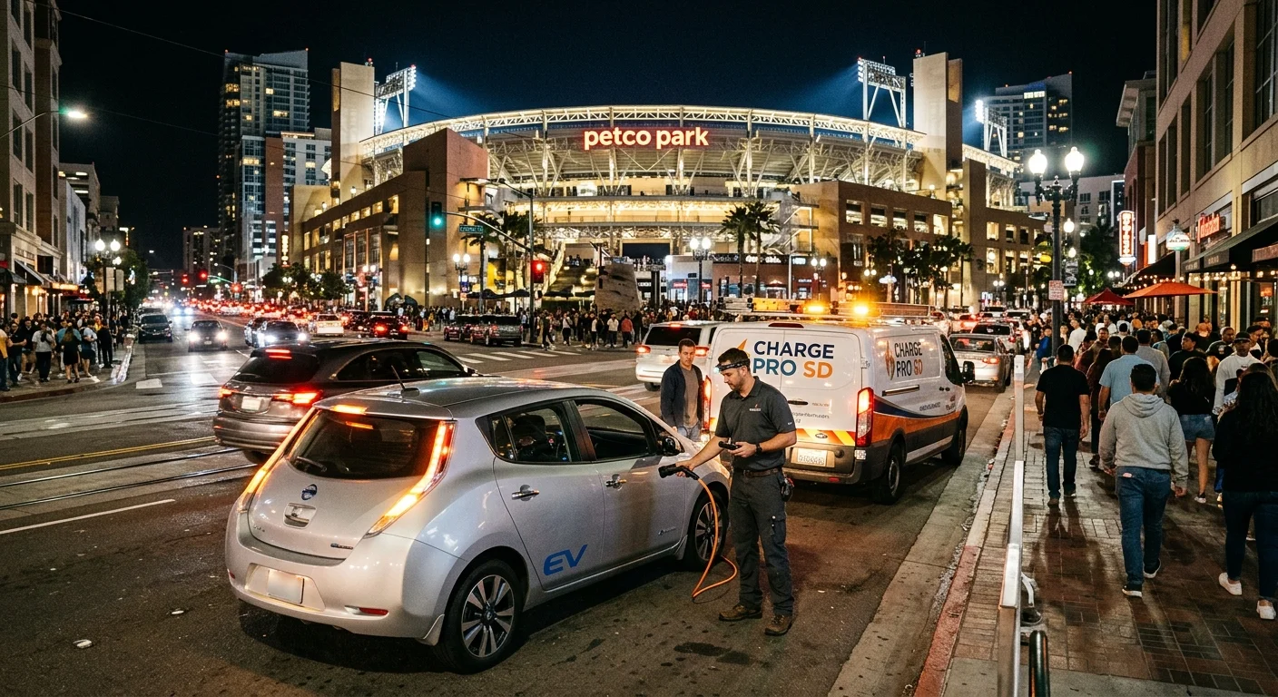 Electric car with hazard lights on in a crowded night lot outside a lit outdoor venue, with a mobile charging van nearby