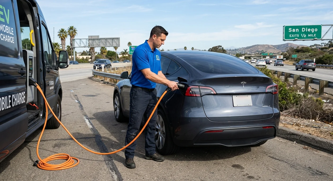Tesla parked on a paved shoulder while the driver checks a phone in bright sun