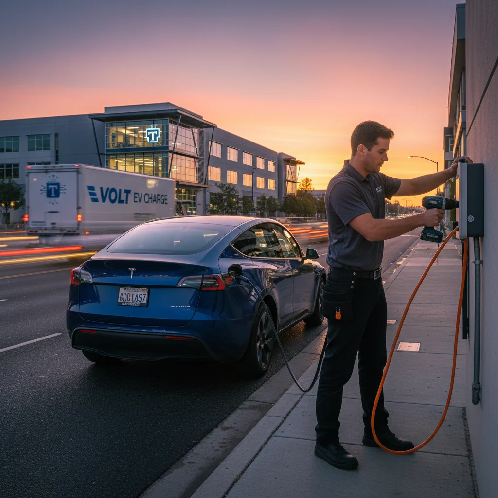 An electric SUV sitting in a sunlit surface parking lot beside a shuttle lane