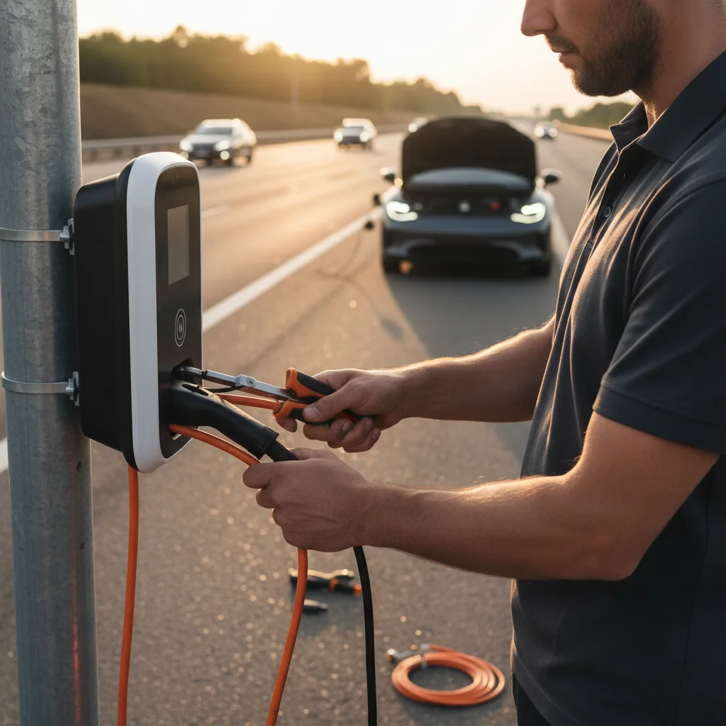 Mobile charging van on a freeway shoulder with a cable hooked to an EV