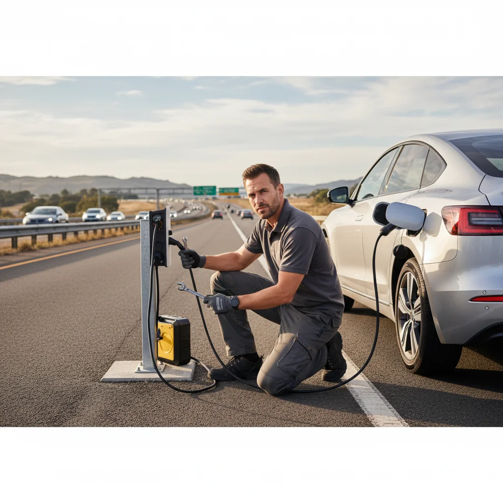 Electric car stopped on a Southern California freeway shoulder with hazard lights on