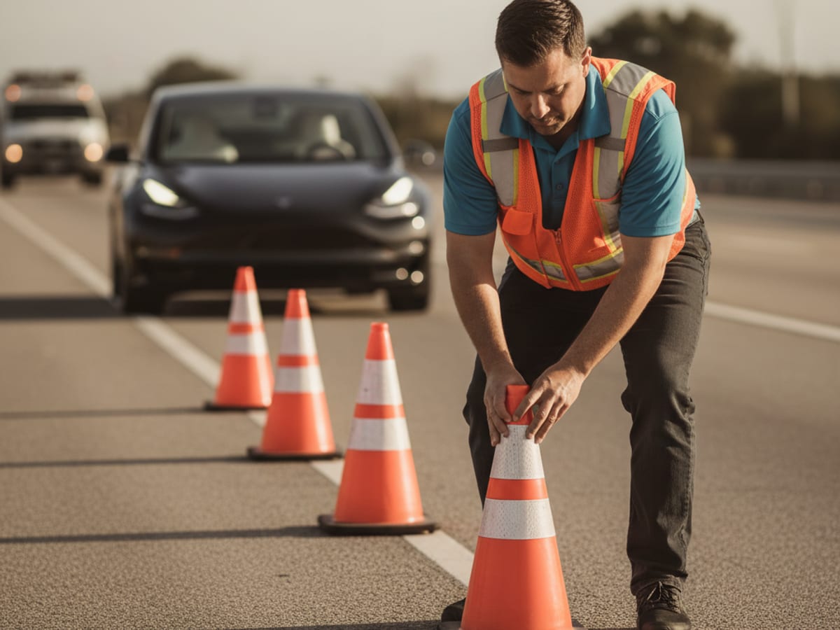 Orange safety cones behind a stranded EV as a mobile charging van parks on the shoulder