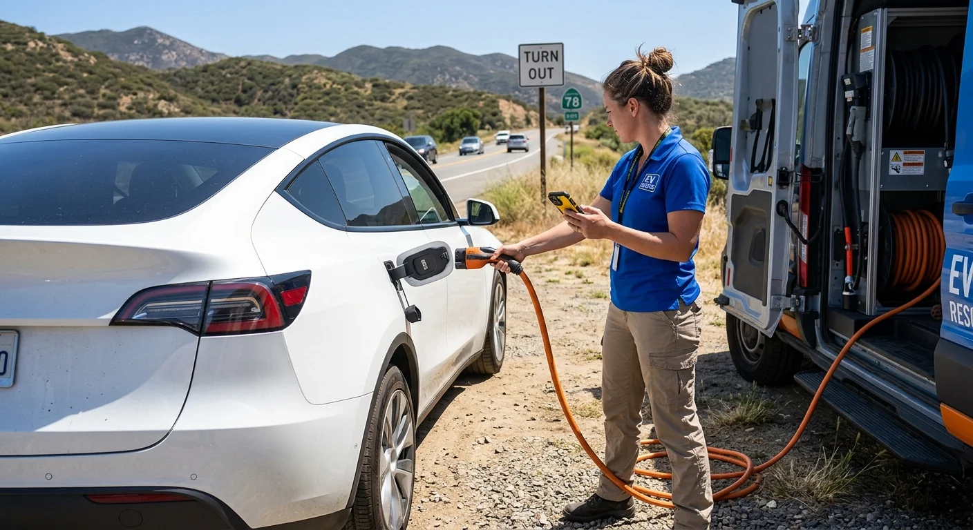 Electric car parked in a paved turnout beside a two-lane highway in dry inland hills