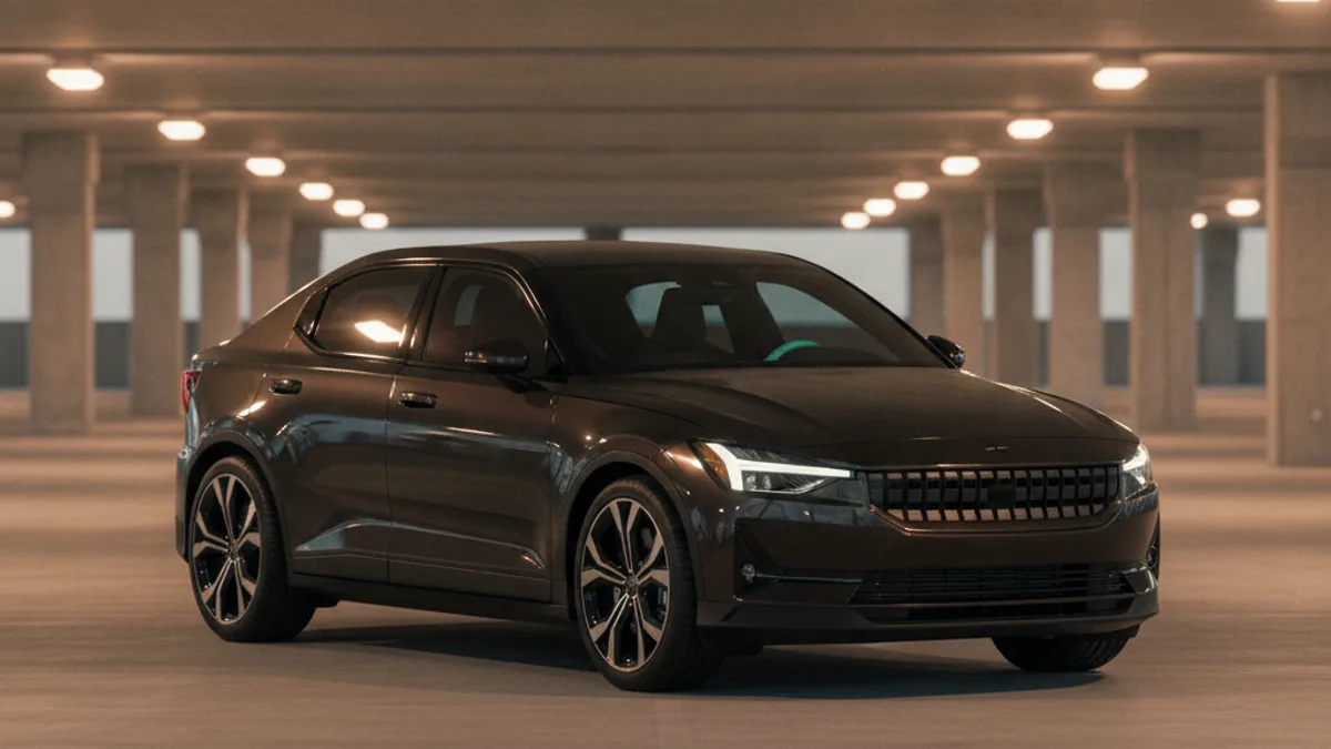 A Polestar 2 in a covered parking structure with a dark, unresponsive dashboard after sitting parked