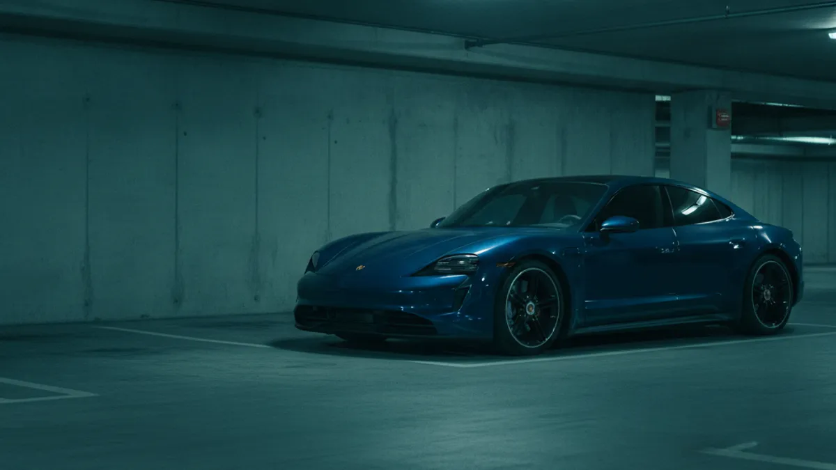 A Porsche Taycan in a covered parking structure with a dark cabin and no dash lights.