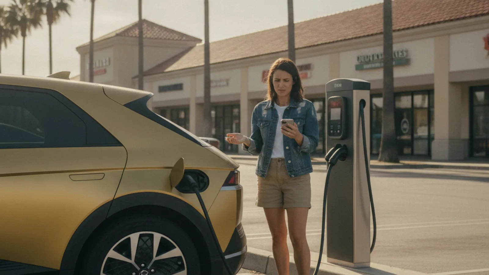 A Hyundai Ioniq 5 driver stands beside a public DC fast charging kiosk showing an error light in a shopping-center parking lot