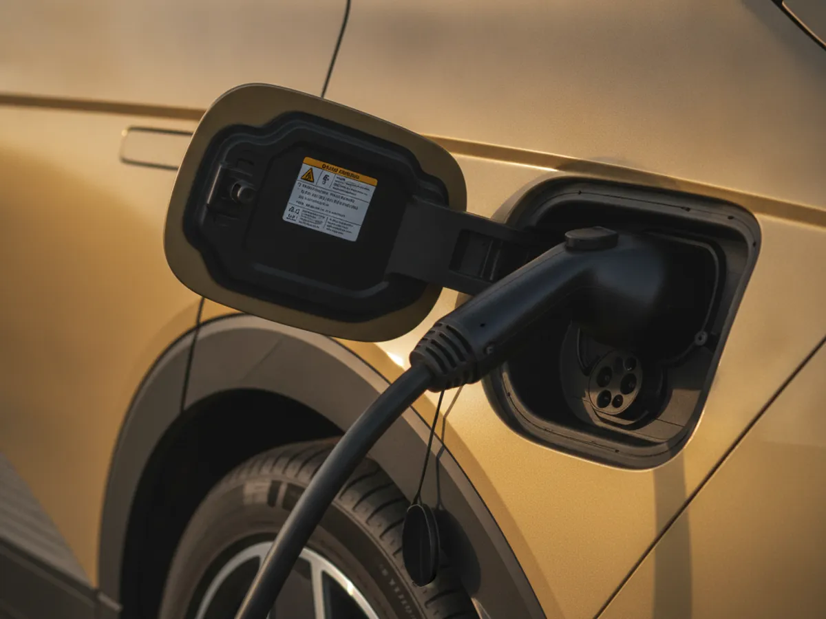 Close-up of a CCS charging cable and adapter connected to an EV charge port during a mobile charging session