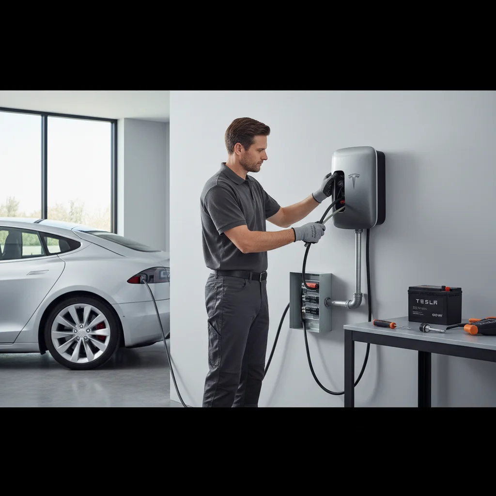 Open Tesla frunk on a sunlit driveway with a 12V battery on the liner