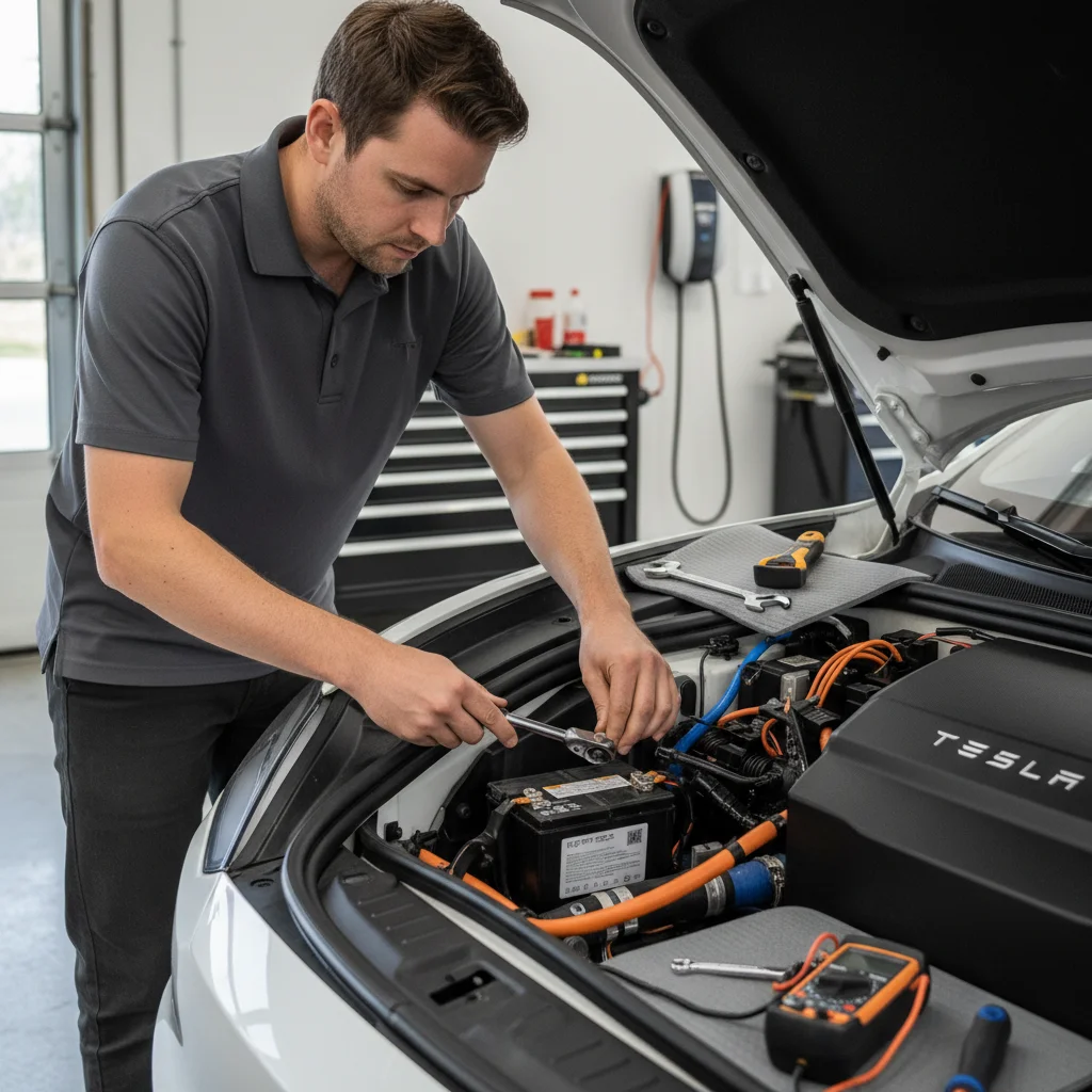 Gloved hands seating a 12V battery in an EV with tools on a tray