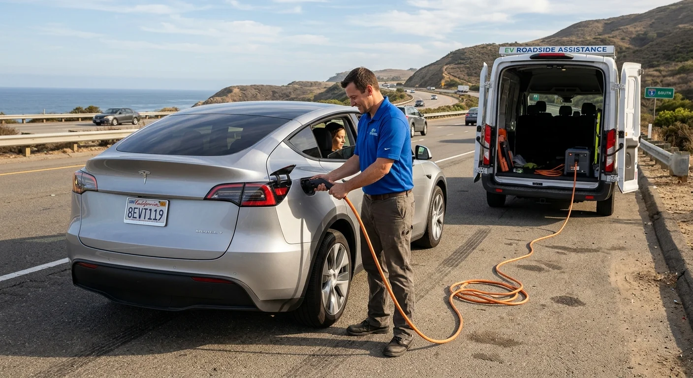 A Tesla parked on a highway shoulder while the driver reads a low battery warning on the screen