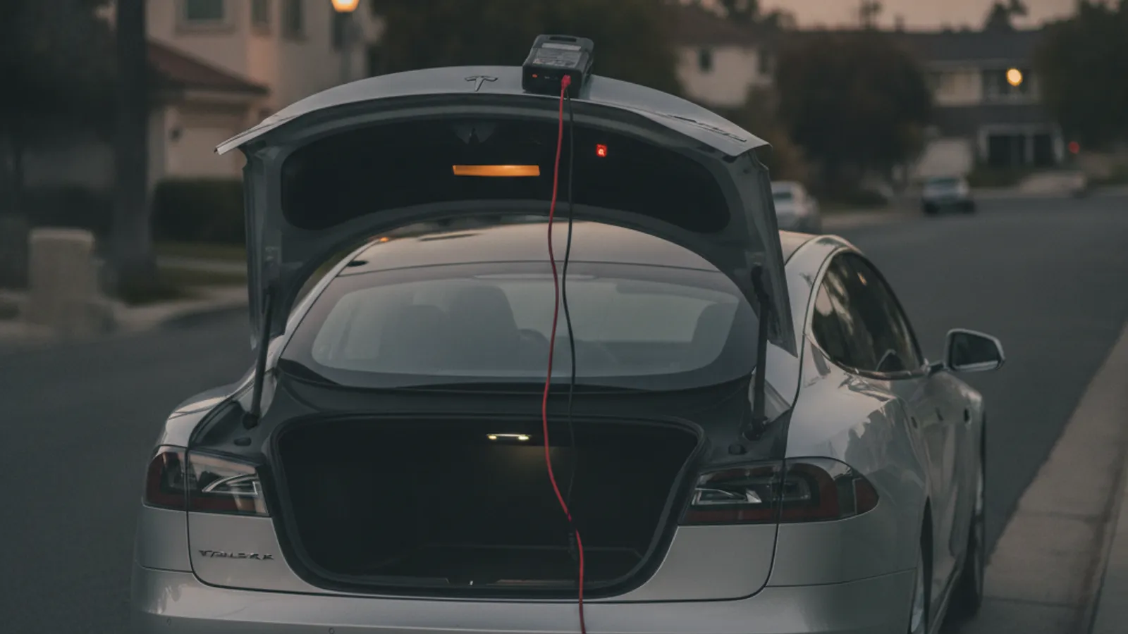 Silver Tesla Model S with the frunk open and a lithium jump pack on the 12V terminals, parked on a tree-lined street at dusk