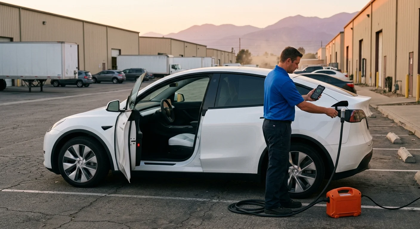White Tesla Model Y with a dark dash in a Fontana warehouse lot at dusk