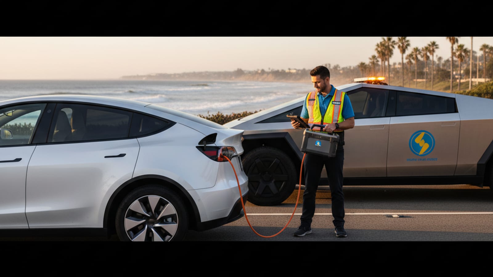 White Tesla on a freeway shoulder in inland Southern California light, hazards on, empty lanes nearby