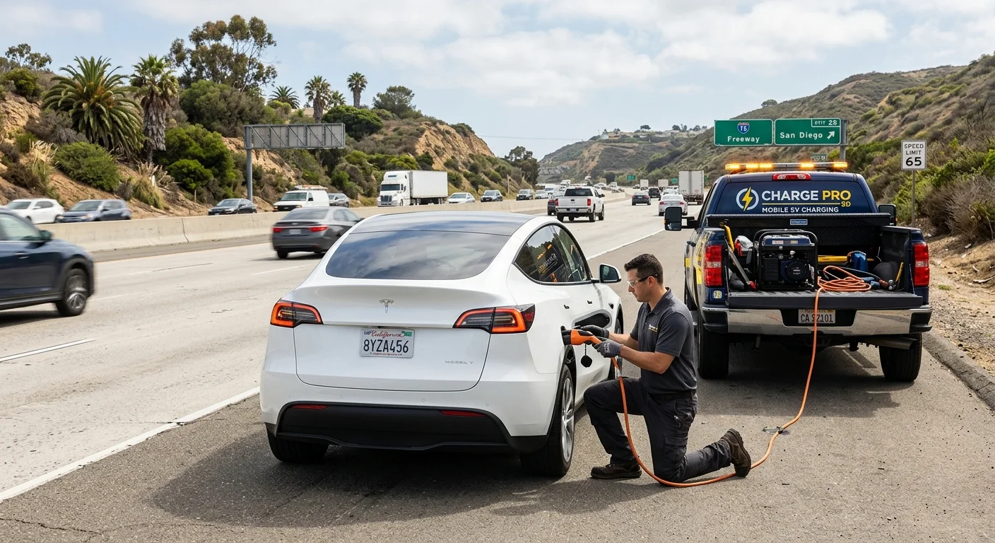 A white electric SUV parked on a dry freeway shoulder beside brown hills and open lanes